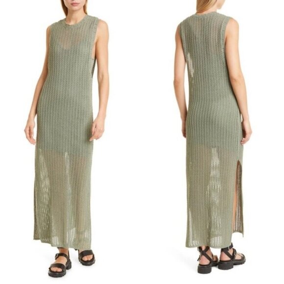 NEW Rag and Bone Riley Crochet Knit Split Hem Maxi Dress Sage Green Size XL Boho - Picture 2 of 15
